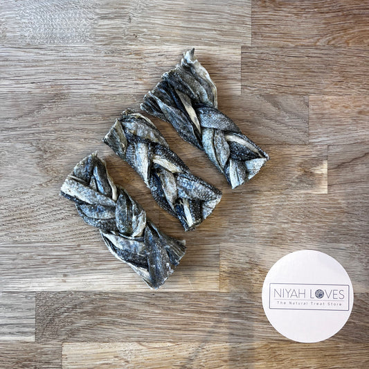 "Natural cod skin braid dog treat"